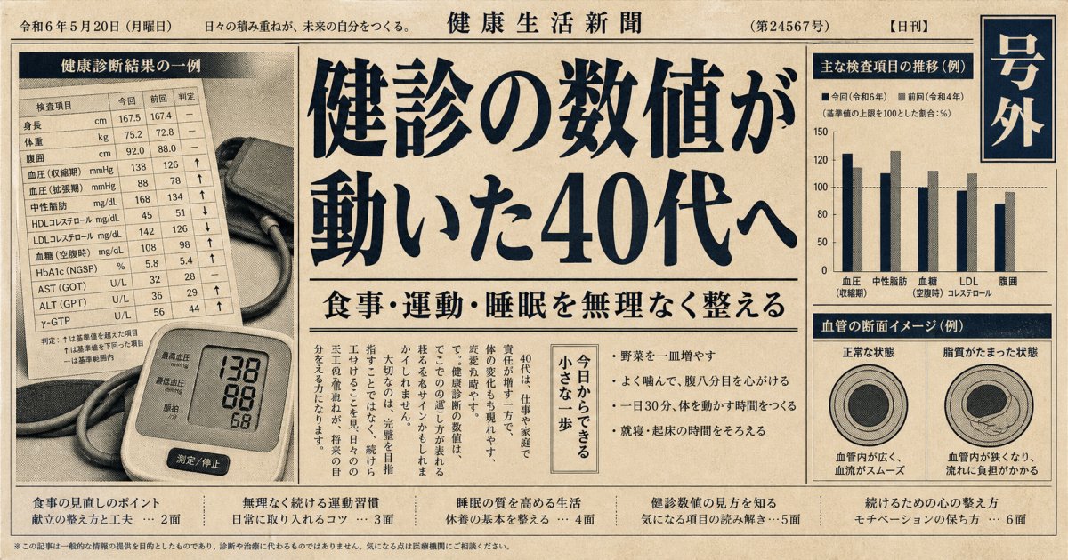 健診で数値が悪化した40代へ！忙しくても続く生活習慣病予防