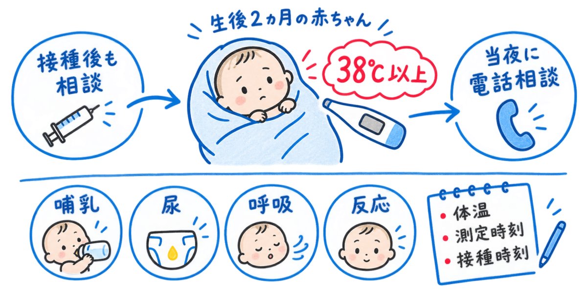 生後2ヶ月で38℃の熱、予防接種後でも夜間に受診相談すべき？